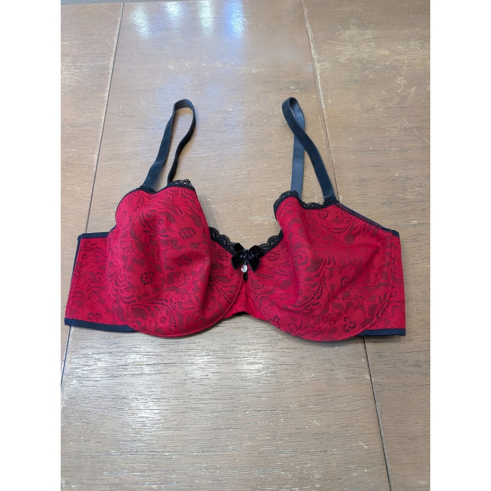 Soma Enflaming Lift Velvet Balconet Bra 36DD Red Black Lace‎ Bow Underwire